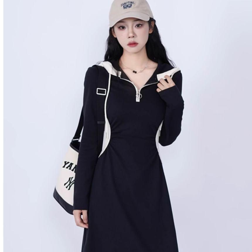 Long Sleeve Hooded Contrast Trim Midi A-Line Dress Product Image