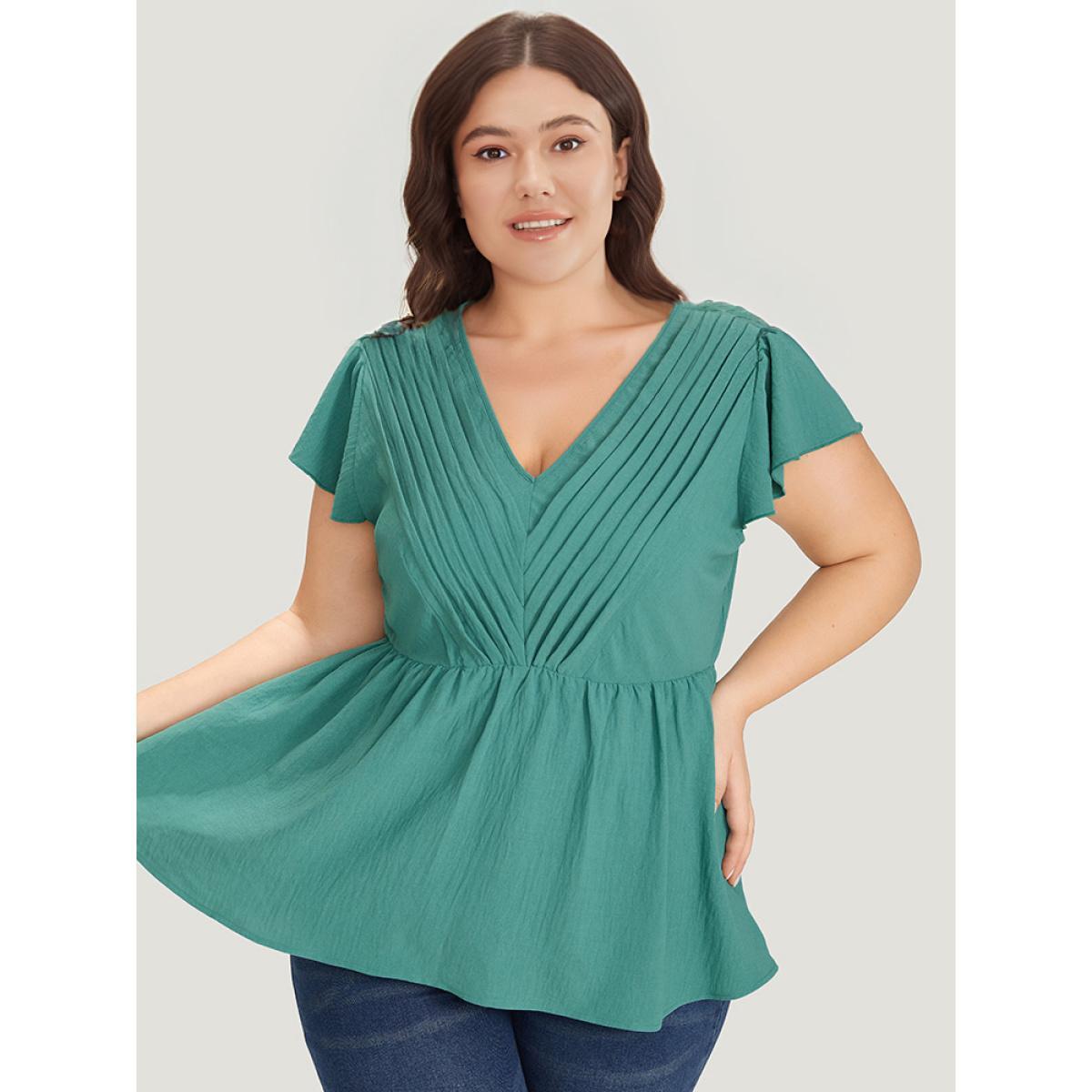 Plus Size Mint Solid Pleated Flutter Cap Sleeve Blouse Women Elegant Cap Sleeve V-neck Dailywear Blouses BloomChic 10/M Product Image