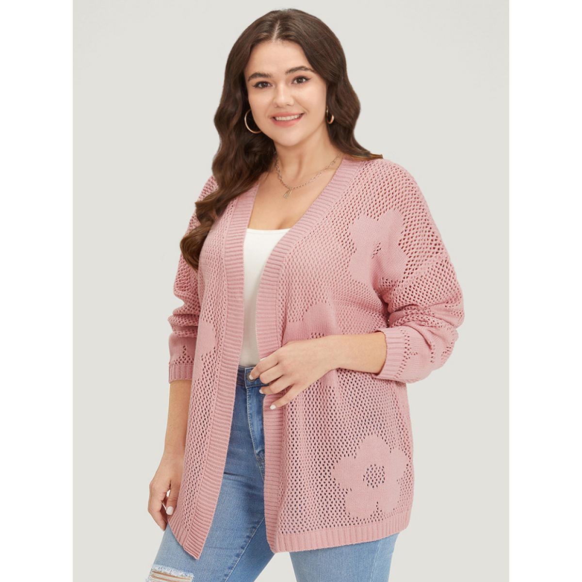 Plus Size Floral Graphic Eyelet Open Front Cardigan Pink Women Casual Loose Long Sleeve Dailywear Cardigans BloomChic 26/4X Product Image