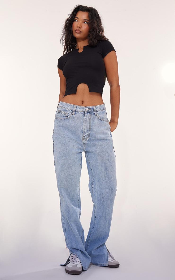 Black Modal Cotton Notch Neck Split Hem T Shirt Product Image