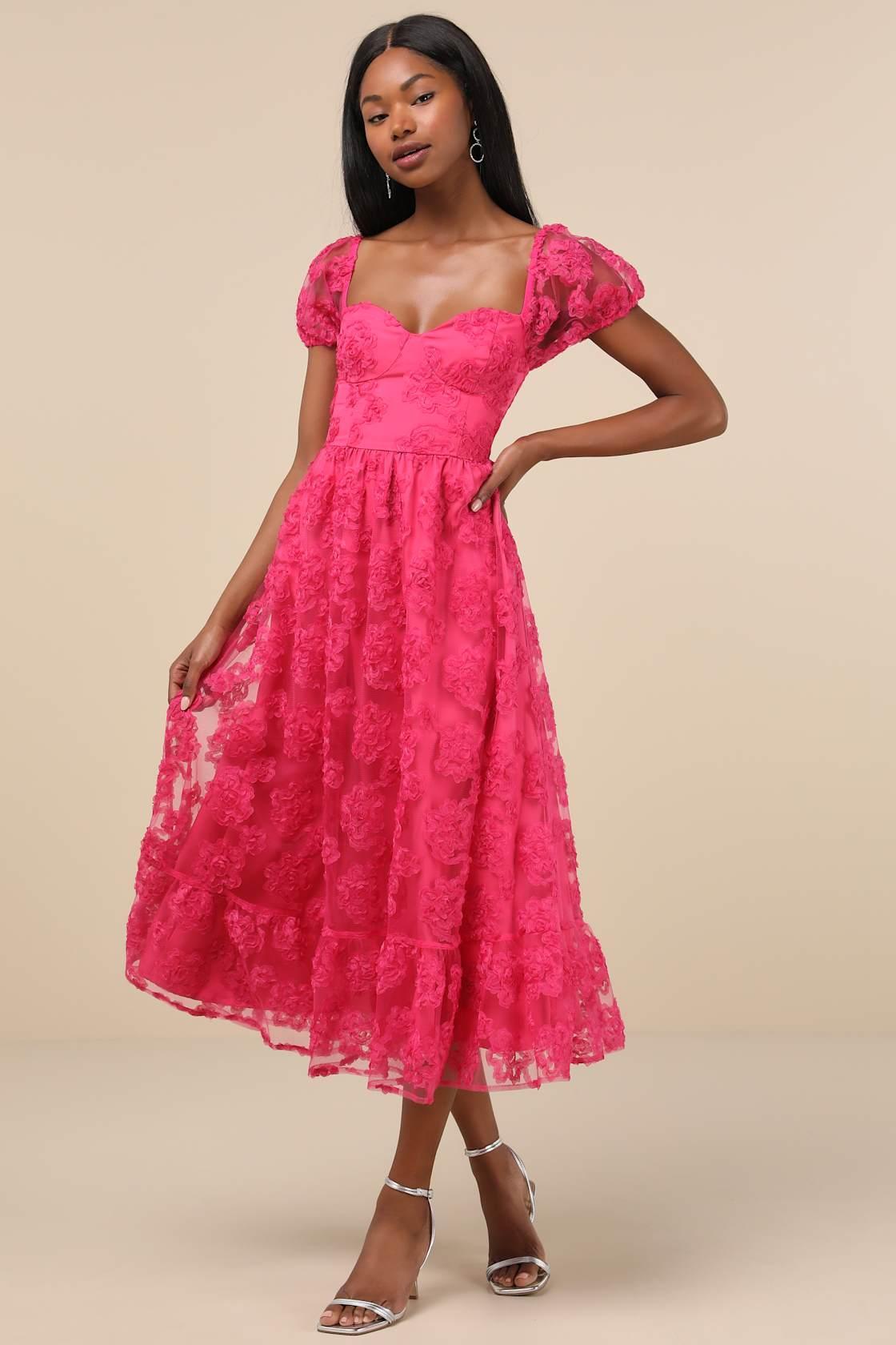 Notable Elegance Fuchsia Mesh Floral Applique Bustier Midi Dress Product Image