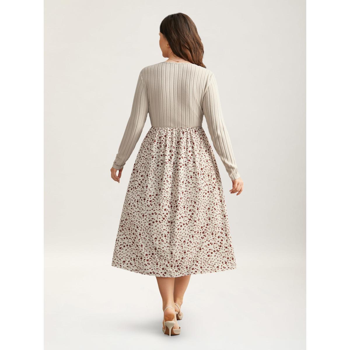Plus Size Ditsy Floral Patchwork Texture Midi Dress Apricot Women Elegant Texture V-neck Long Sleeve Curvy BloomChic 12/L Product Image