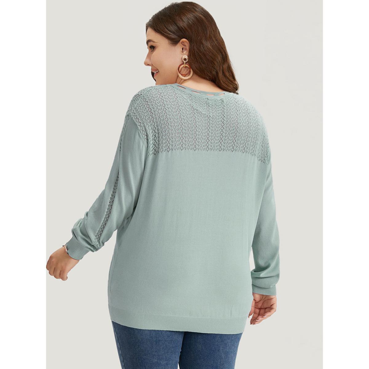Plus Size Plain Eyelet Patchwork Drop Shoulder Pullover LightBlue Women Casual Loose Long Sleeve Round Neck Dailywear Pullovers BloomChic 22-24/3X Product Image