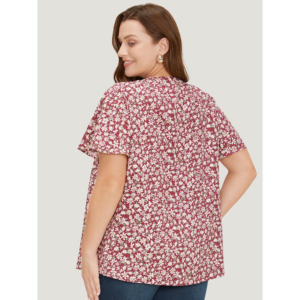 Plus Size RedViolet Ditsy Floral Lace Gathered Tie Neck Blouse Women Elegant Short sleeve Tie Neck Dailywear Blouses BloomChic 30/6X Product Image