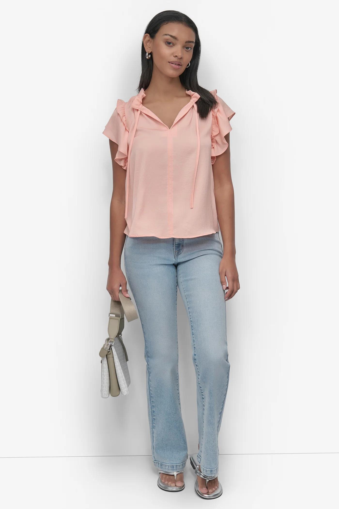 RUFFLE NECK TOP WITH FLUTTER SLEEVES Product Image