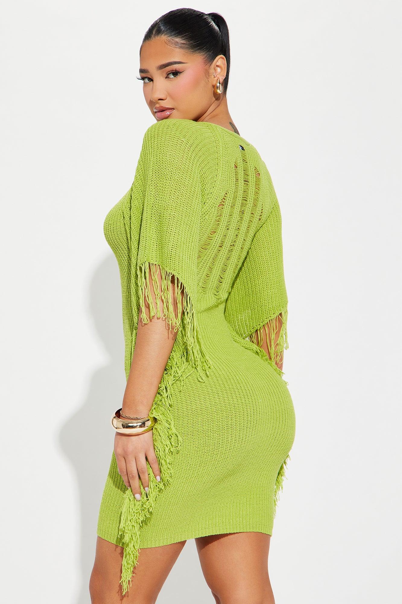 Dia Knit Solid Fringe Mini Dress - Chartreuse Product Image