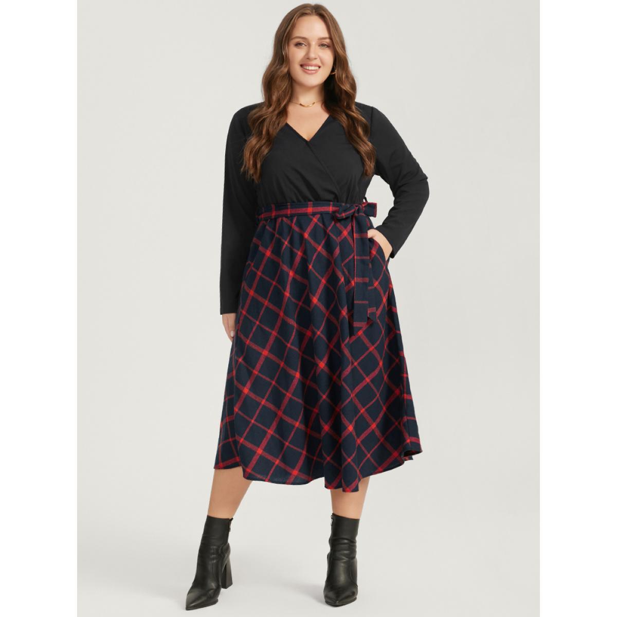 Plus Size Plaid Patchwork Pocket Belted Surplice Neck Dress Scarlet Women Elegant Belted V-neck Long Sleeve Curvy Midi Dress BloomChic 10/M Product Image