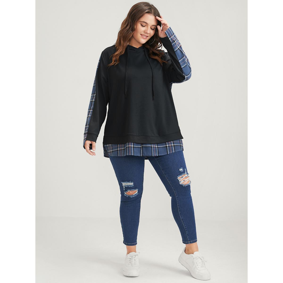 Plus Size Plaid Contrast Asymmetrical Drawstring Hooded Sweatshirt Women Black Casual Contrast Loose Hooded Dailywear Sweatshirts BloomChic 14-16/1X Product Image