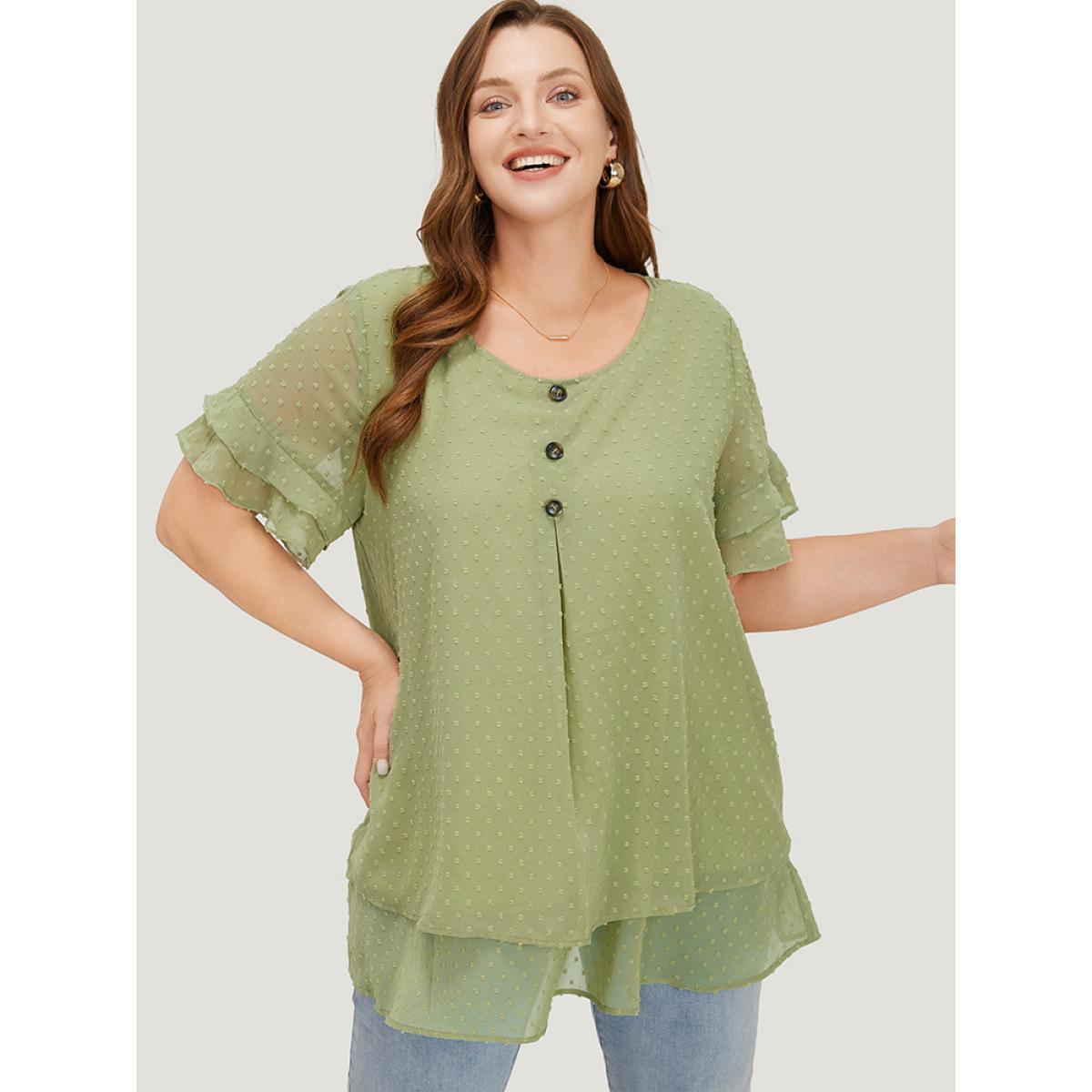 Plus Size Mint Polka Dot Button Detail Mesh Ruffle Layered Blouse Women Elegant Short sleeve Round Neck Dailywear Blouses BloomChic 30/6X Product Image
