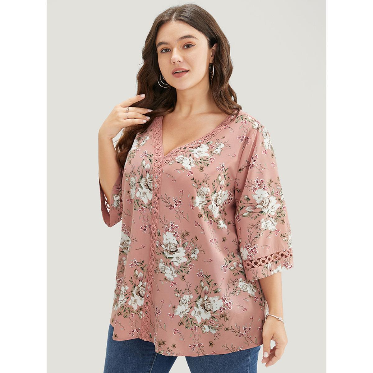 Plus Size Rouge Floral Flounce Sleeve Crochet Lace Blouse Women Elegant Elbow-length sleeve V-neck Dailywear Blouses BloomChic 14-16/1X Product Image