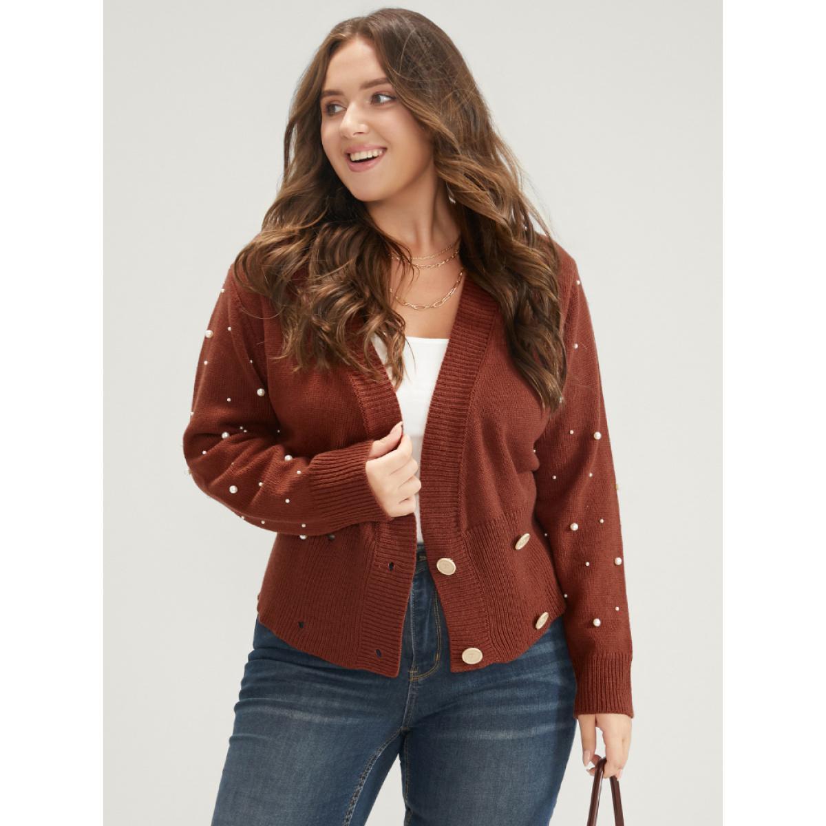 Plus Size Solid Pointelle Knit Pearls Beaded Button Front Knit Top Maroon Women Elegant Long Sleeve Deep V-neck Dailywear Pullovers BloomChic 18-20/2X Product Image