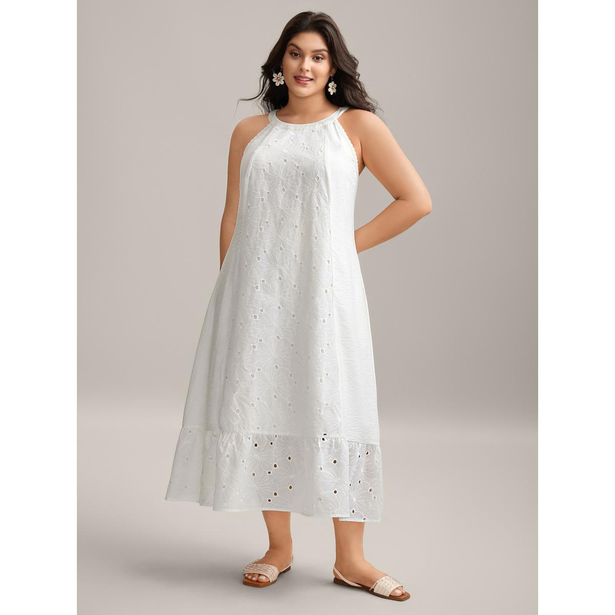 Plus Size Cotton Lace Detail Tiered Hem Tiered Maxi Dress Originalwhite Women Round Neck Sleeveless Curvy BloomChic 28/5X Product Image