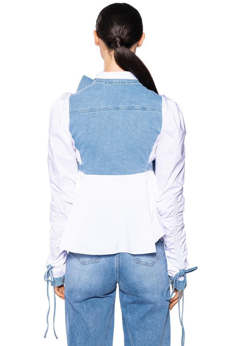 FAITH DENIM TIE POPLIN BLOUSE Product Image