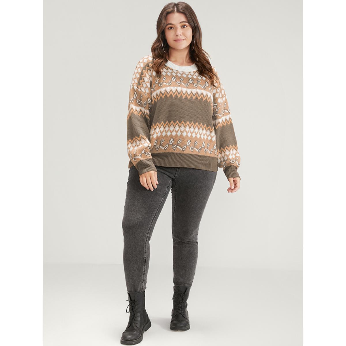 Plus Size Bandana Pointelle Knit Contrast Geometric Jacquard Knit Top Multicolor Women Casual Long Sleeve Round Neck Dailywear Pullovers BloomChic 10/M Product Image