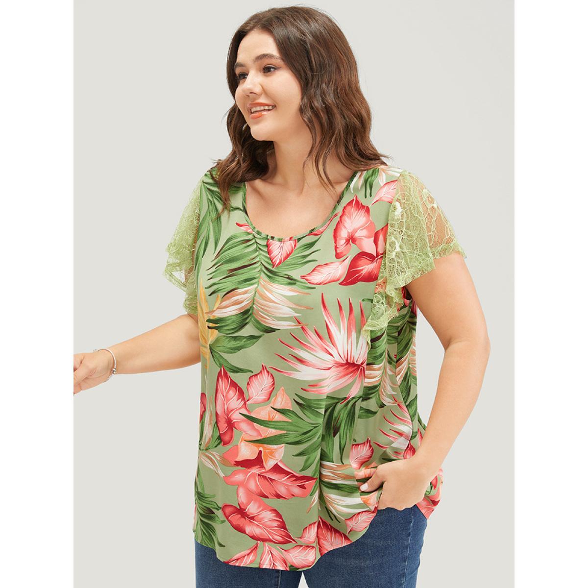 Plus Size Emerald Plant Print Mesh Ruffle Sleeve Blouse Women Elegant Short sleeve Round Neck Dailywear Blouses BloomChic 28/5X Product Image