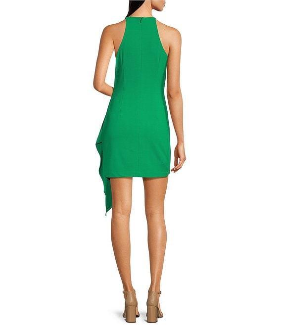Belle by Badgley Mischka Daphne Stretch Crepe Halter Neck Sleeveless Asymmetrical Hem Side Drape Dress Product Image