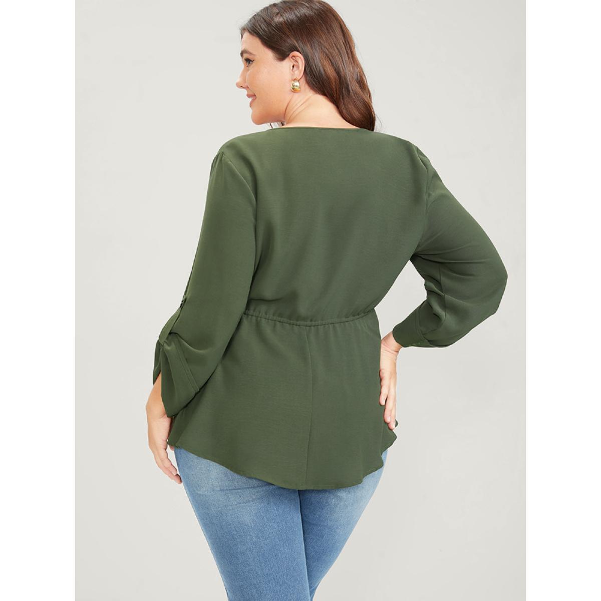 Plus Size ArmyGreen Solid Roll Sleeve Button Down Drawstring Blouse Women Office Long Sleeve V-neck Work Blouses BloomChic 18-20/2X Product Image