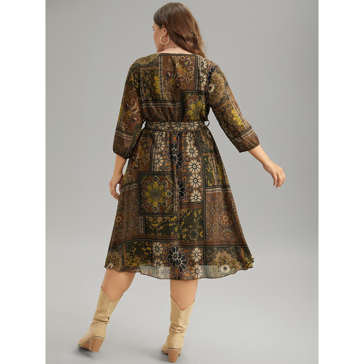 Plus Size Boho Print Wrap Elastic Waist Belted Dress LightBrown Women Vacation Elastic cuffs V-neck Elbow-length sleeve Curvy Midi Dress BloomChic 30/6X Product Image