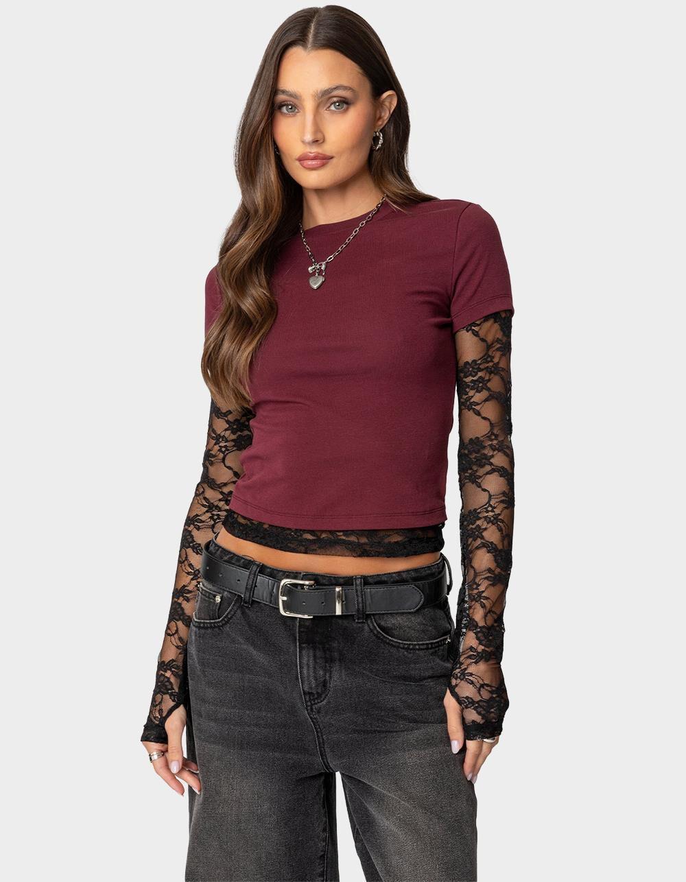 EDIKTED Layered Lace Sleeve Tee Product Image