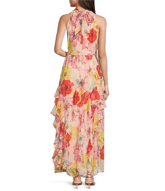 Alex Marie Nina Floral Chiffon Halter Neck Sleeveless Tiered A-Line Dress Product Image