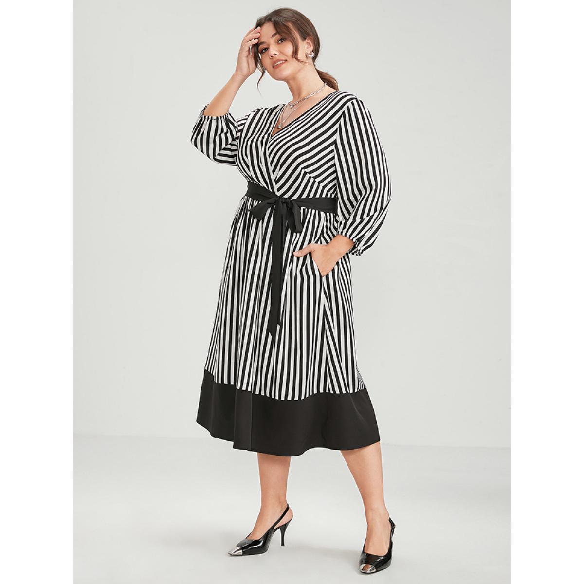Plus Size Striped Contrast Patchwork Lantern Sleeve Pocket Belted Wrap Dress Black Women Office Belted V-neck Elbow-length sleeve Curvy Midi Dress BloomChic 30/6X Product Image