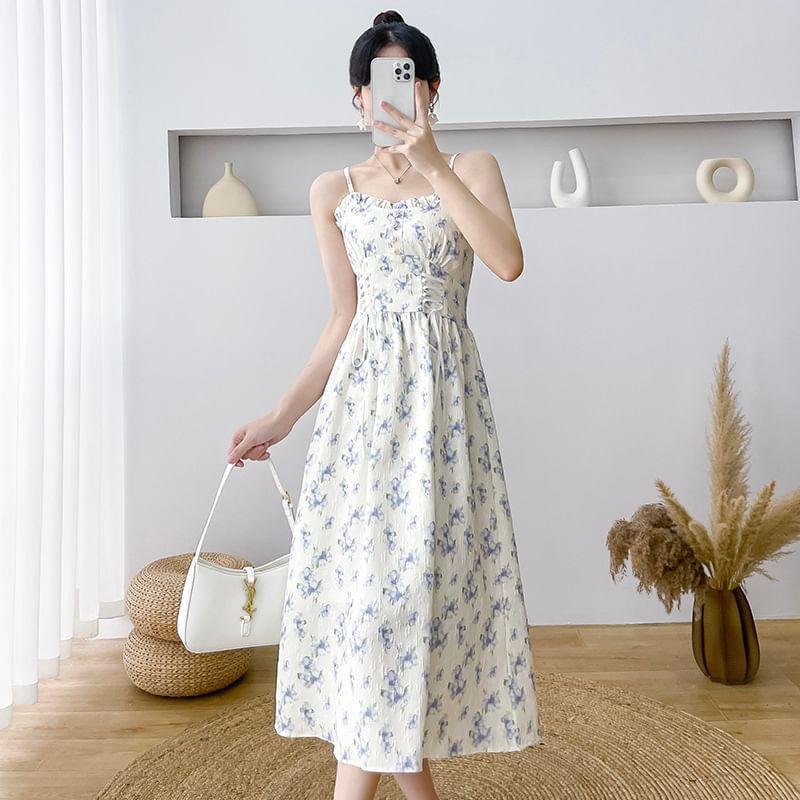 Spaghetti Strap Floral Lace-Up Midi A-Line Sundress / Plain Cardigan Product Image