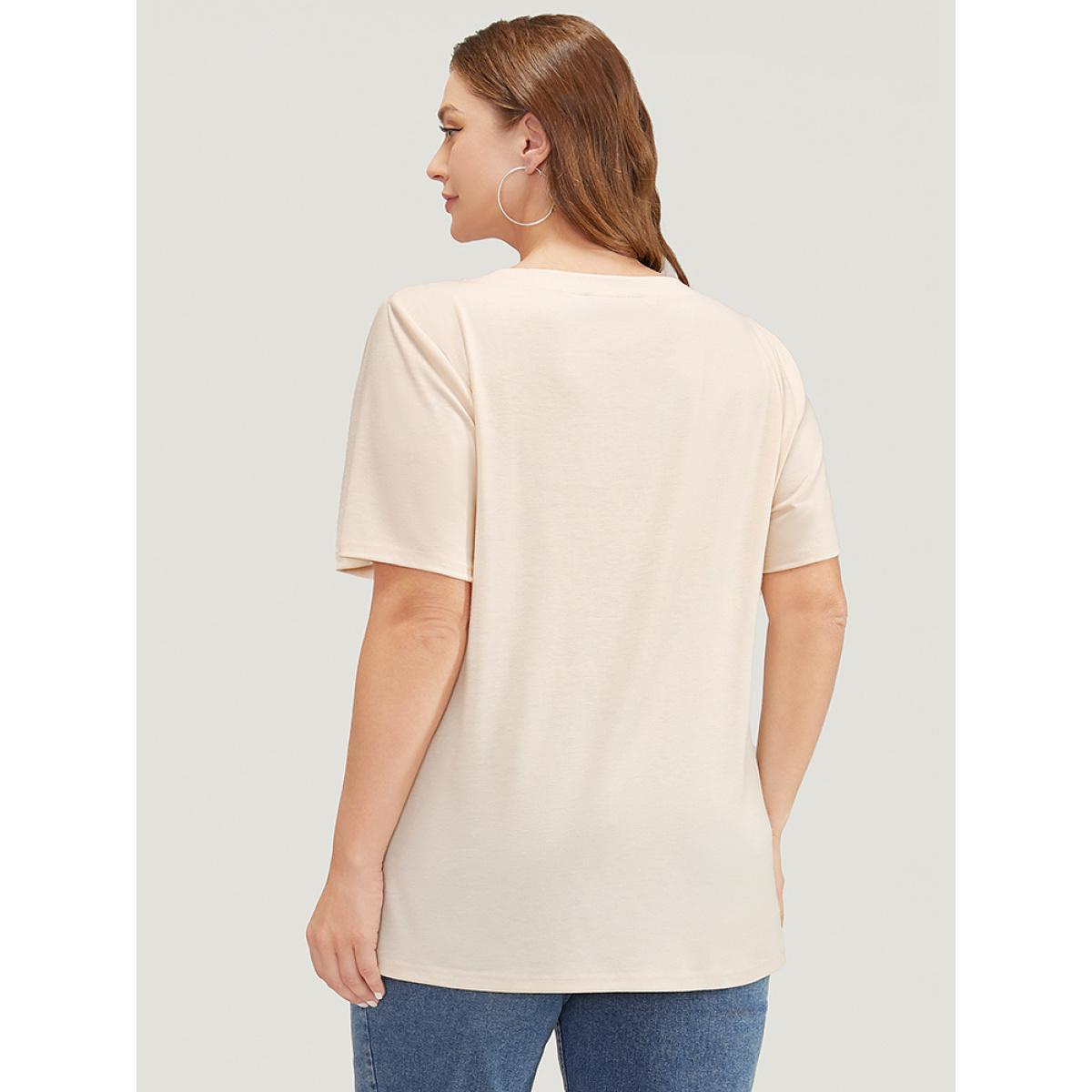 Plus Size Mushroom & Moon Print Short Sleeve Crew Neck T-shirt Apricot Women Casual Natural Flowers Dailywear T-shirts BloomChic 18-20/2X Product Image