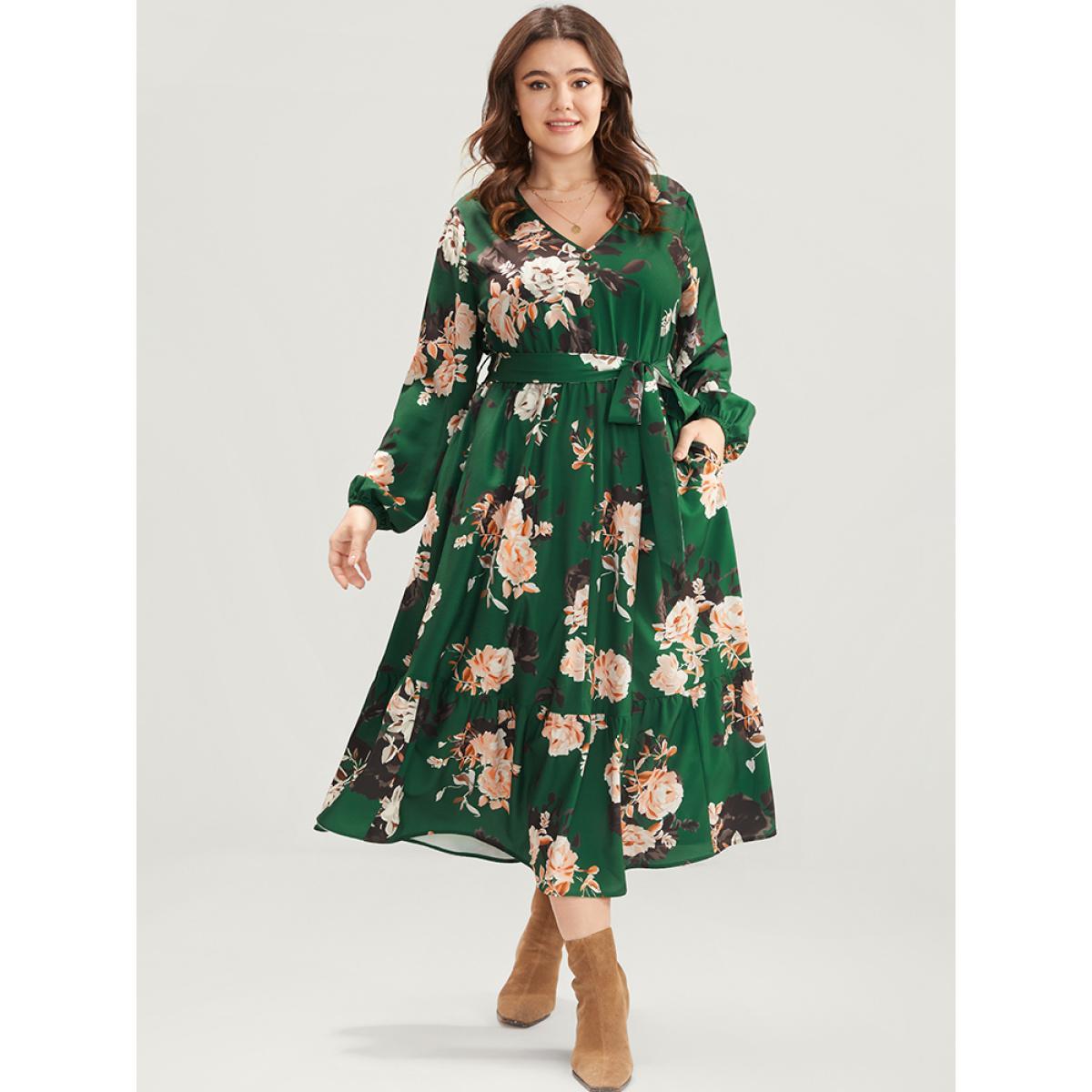 Plus Size Floral Print Lantern Sleeve Button Detail Pocket Belted Dress Moss Women Elegant Elastic Waist V-neck Long Sleeve Curvy Midi Dress BloomChic 14-16/1X Product Image