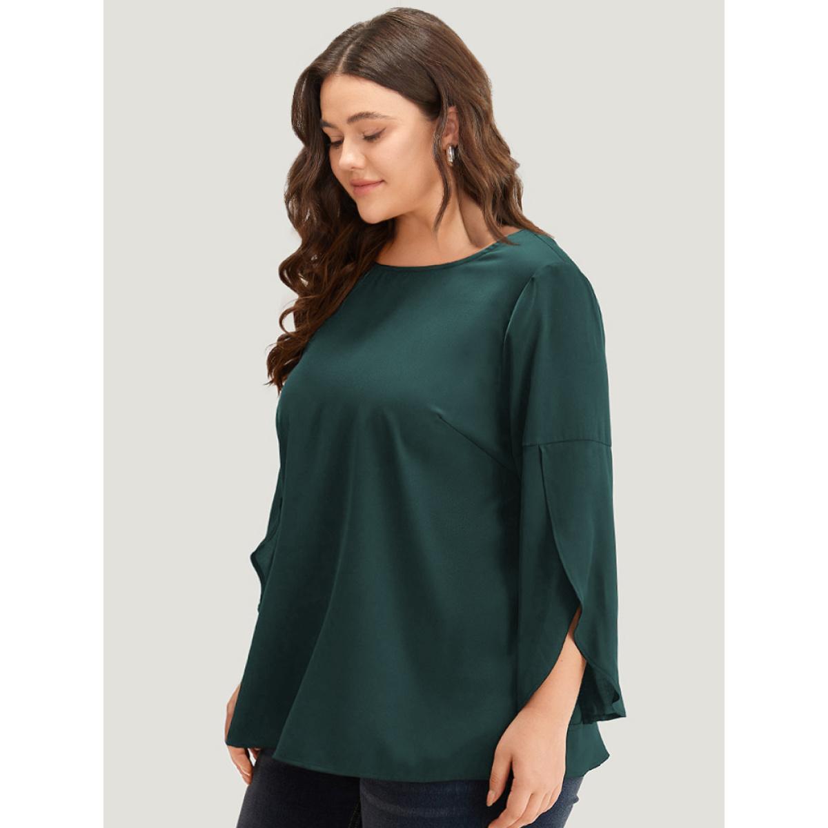 Plus Size DarkGreen Plain Wrap Flutter Sleeve Crew Neck Blouse Women Office Elbow-length sleeve Round Neck Work Blouses BloomChic 22-24/3X Product Image