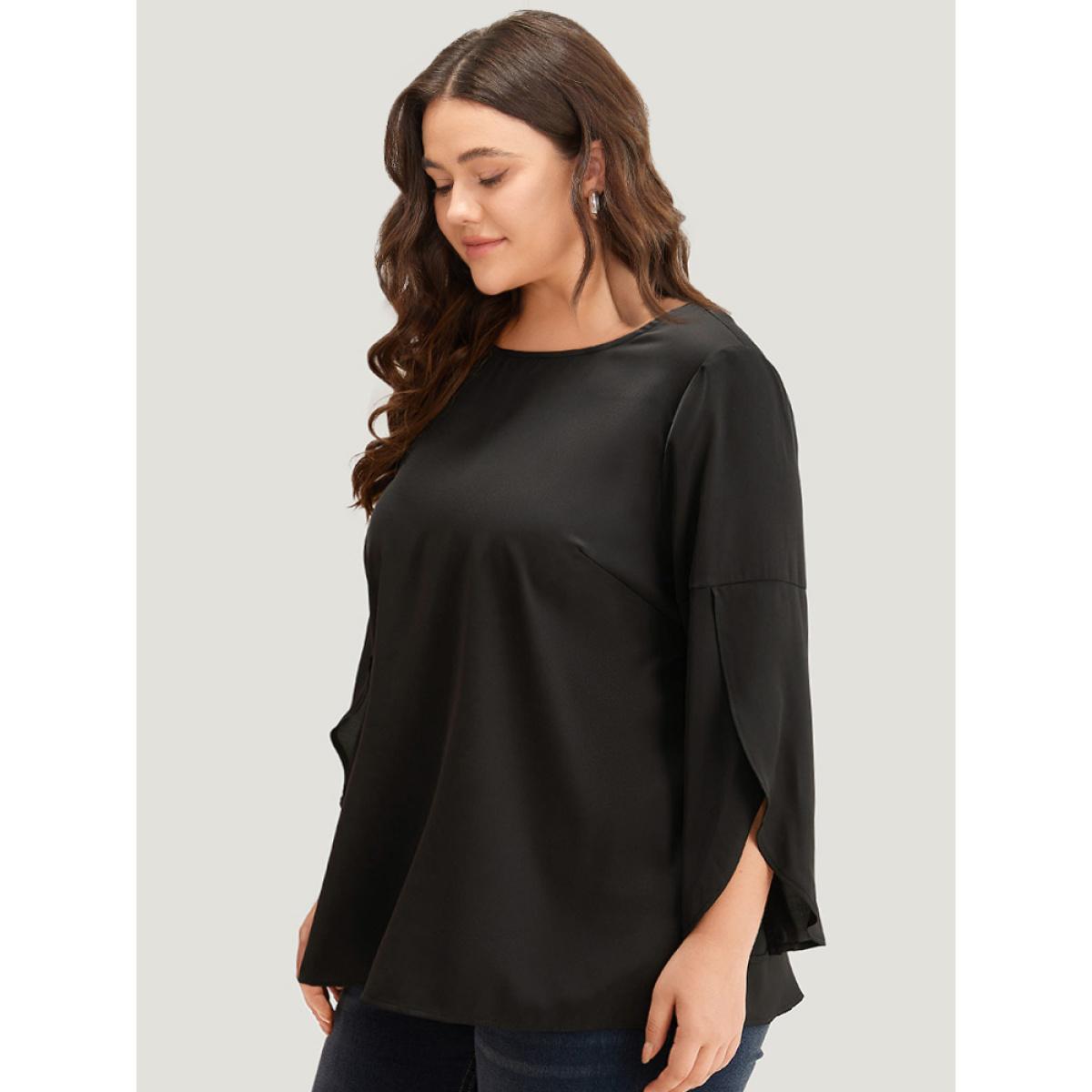 Plus Size DarkGreen Plain Wrap Flutter Sleeve Crew Neck Blouse Women Office Elbow-length sleeve Round Neck Work Blouses BloomChic 22-24/3X Product Image