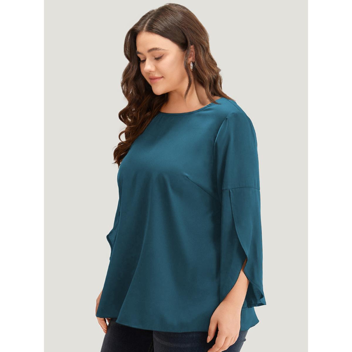 Plus Size Aegean Plain Wrap Flutter Sleeve Crew Neck Blouse Women Office Elbow-length sleeve Round Neck Work Blouses BloomChic 12/L Product Image