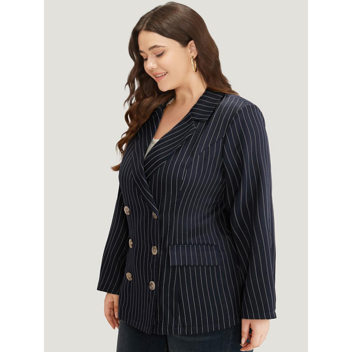 Plus Size Suit Collar Striped Double Breasted Blazer Blue Women Work Striped Button Sleeve Long Sleeve Suit Collar 12/L Pocket Office Blazers BloomChic Product Image