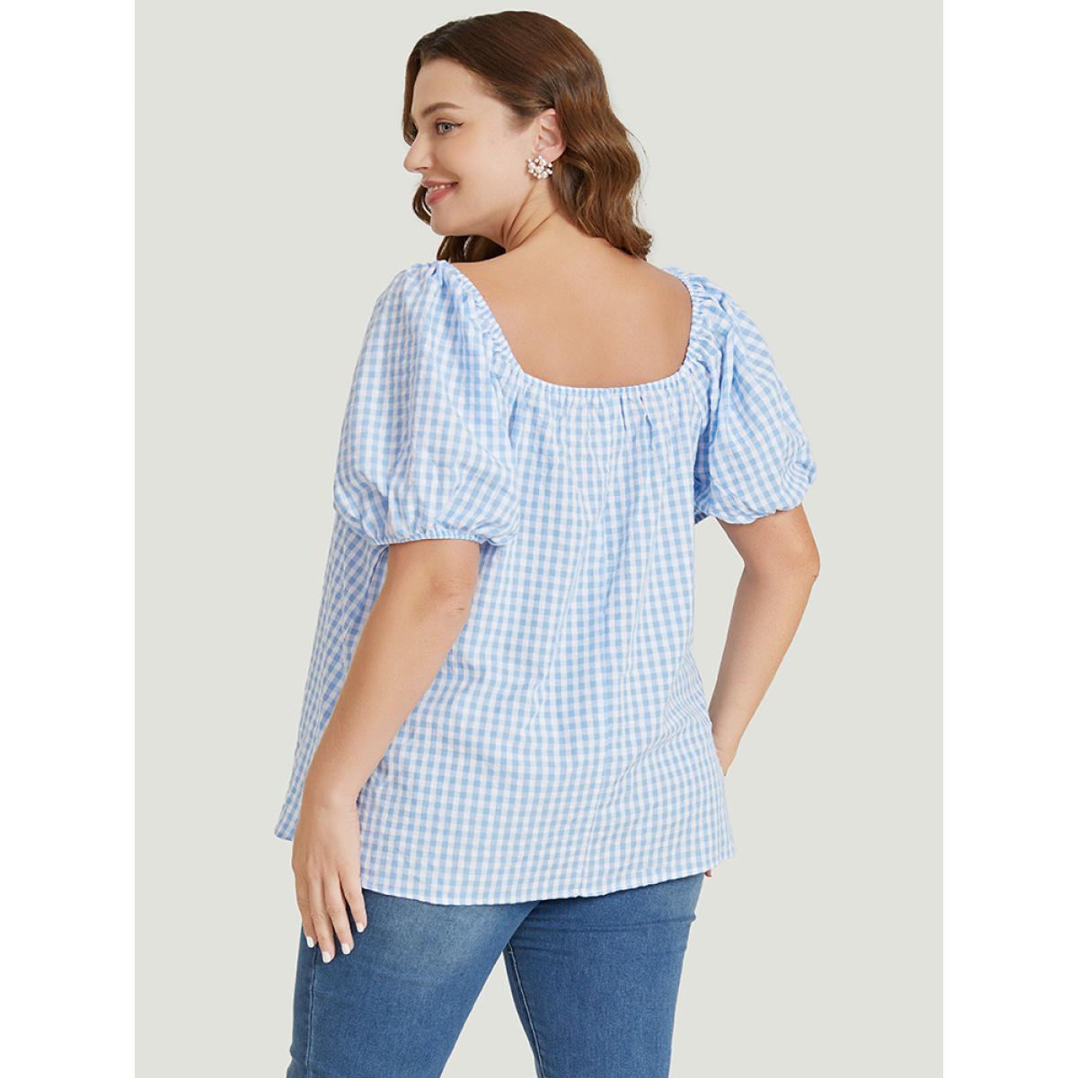 Plus Size LightBlue Gingham Print Square Neck Puff Sleeve Blouse Women Vacation Short sleeve Square Neck Dailywear Blouses BloomChic 22-24/3X Product Image