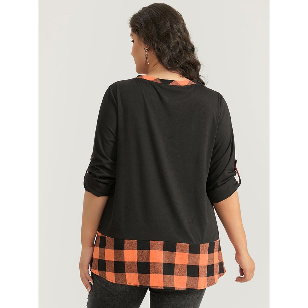 Plus Size Halloween Gingham Patchwork Notched Button Up Arc Hem T-shirt Black Women Casual Contrast Plaid Round Neck Festival-Halloween T-shirts BloomChic 28/5X Product Image