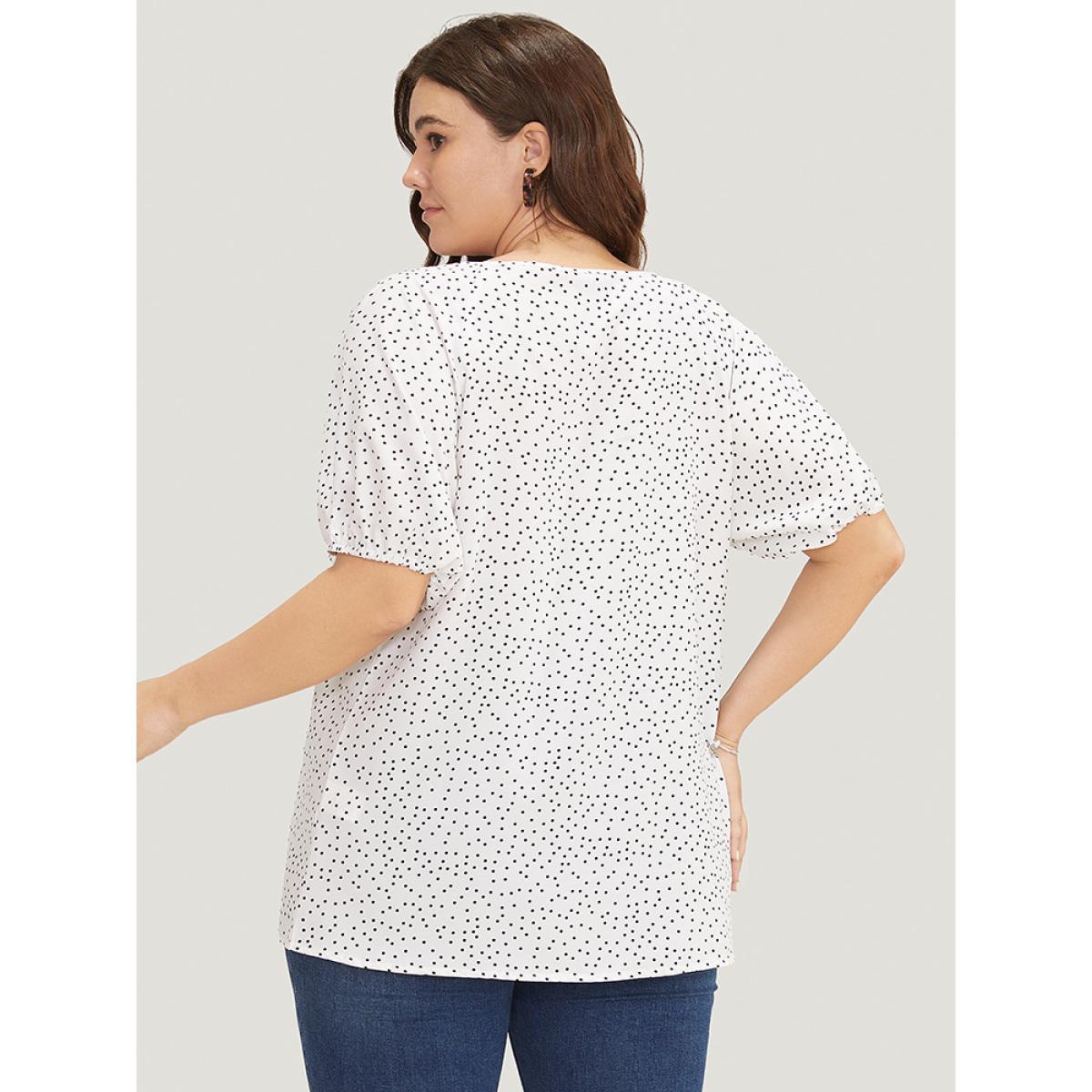 Plus Size White Polka Dot Pleated Round Neck Puff Sleeve Blouse Women Office Short sleeve Round Neck Work Blouses BloomChic 26/4X Product Image
