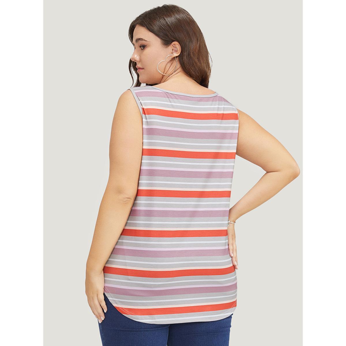 Plus Size Striped Contrast V Neck Arc Hem Tank Top Women Multicolor Casual Contrast V-neck Dailywear Tank Tops Camis BloomChic 26/4X Product Image