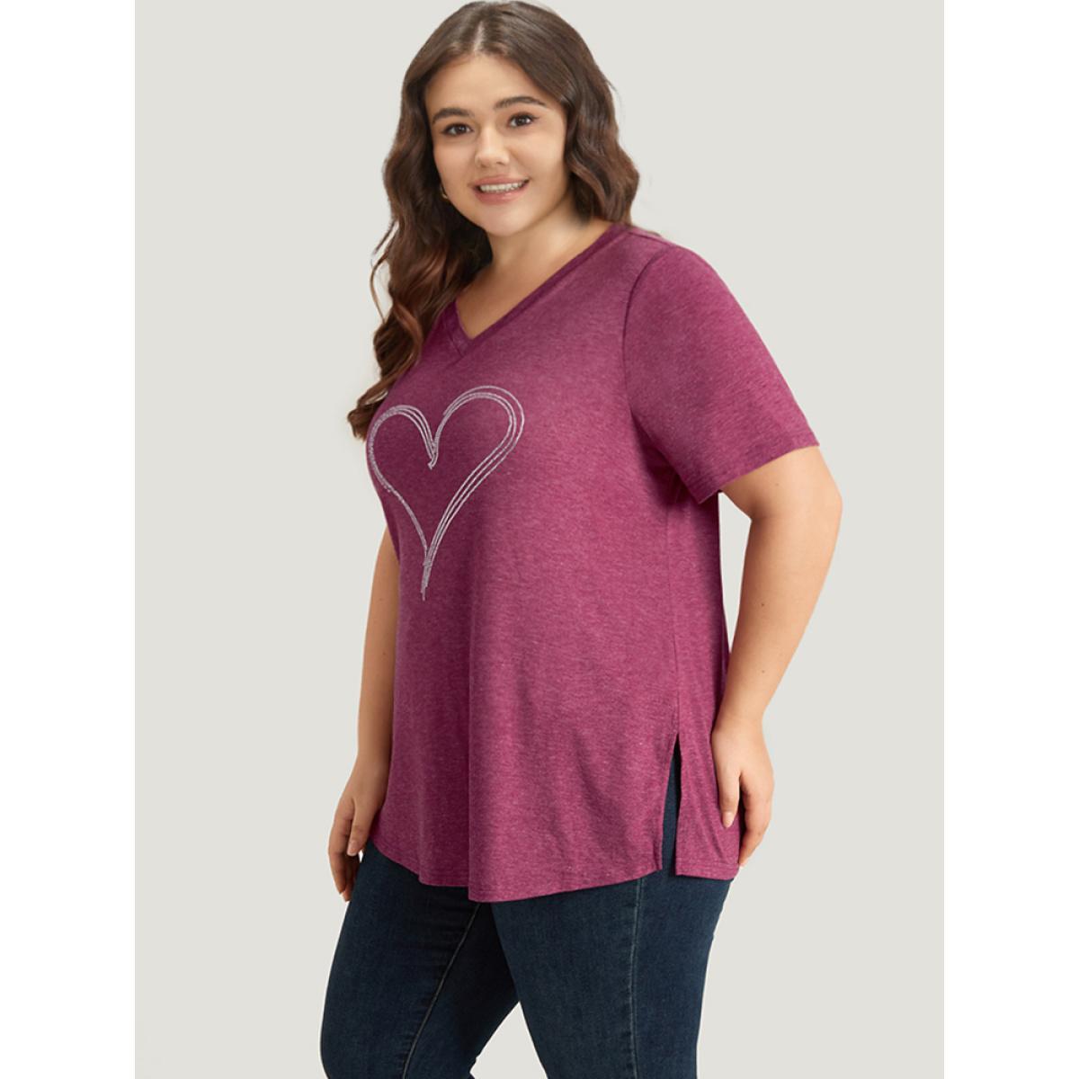 Plus Size Solid Heart Rhinestone V Neck T-shirt DarkGreen Women Casual Plain Heart Print Dailywear T-shirts BloomChic 28/5X Product Image