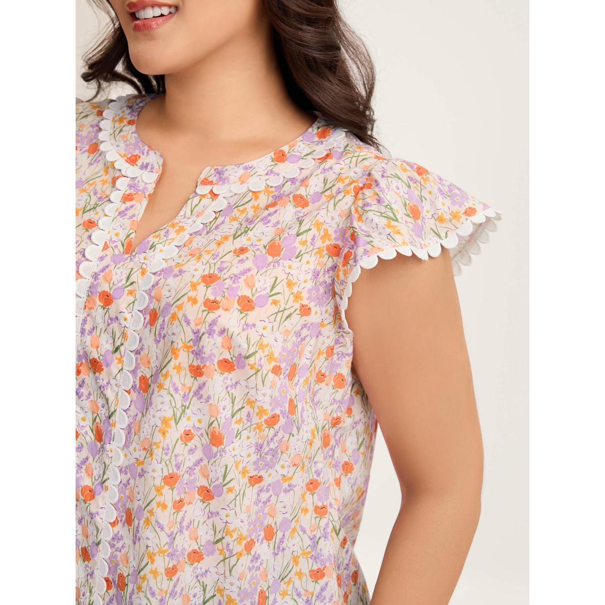 Plus Size Multicolor Cotton Floral Print Lace Trim Notched Blouse Women Cap Sleeve Notched collar Everyday-Casual Blouses BloomChic 10/M Product Image
