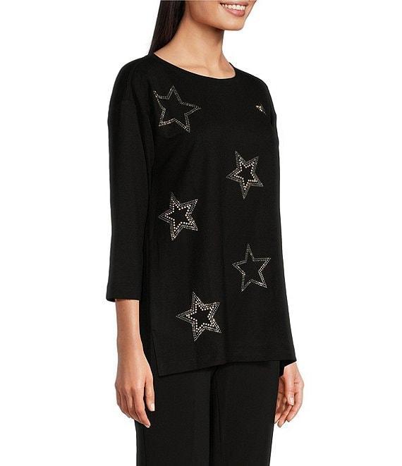 Ali Miles Knit Stretch Star Print 3/4 Sleeve Sweater Product Image