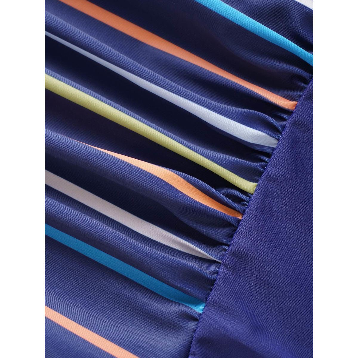 Plus Size Striped Overlap Collar Ruched One Piece Swimsuit Women's Swimwear DarkBlue Beach Gathered Curve Bathing Suits High stretch One Pieces BloomChic 26/4X Product Image
