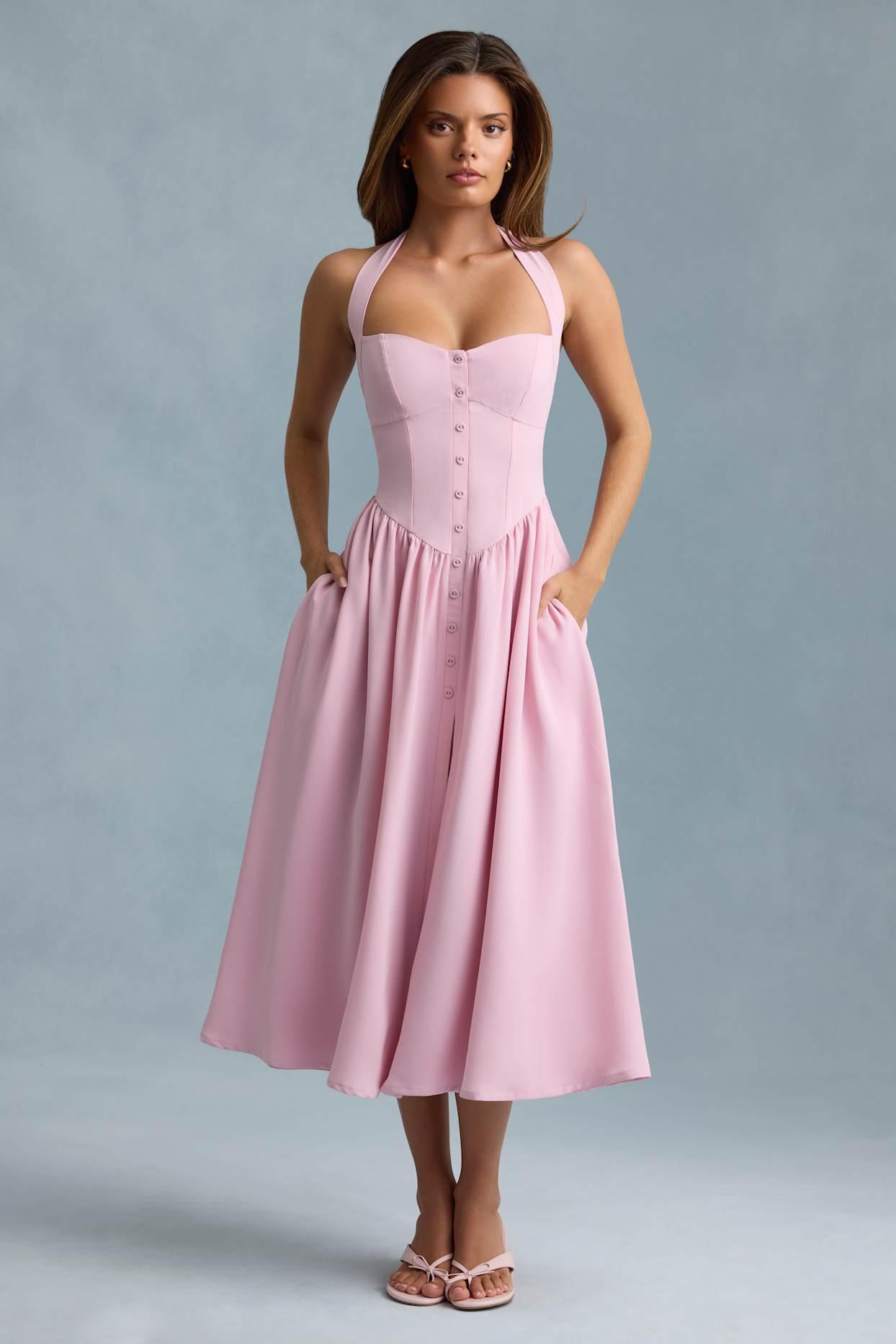 Button-Detail Halterneck Midaxi Dress in Soft Pink Product Image