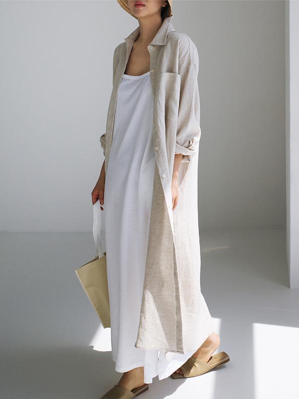 Simple Long Sleeves Split-Side Solid Color Lapel Midi Dresses Shirt Dress Product Image