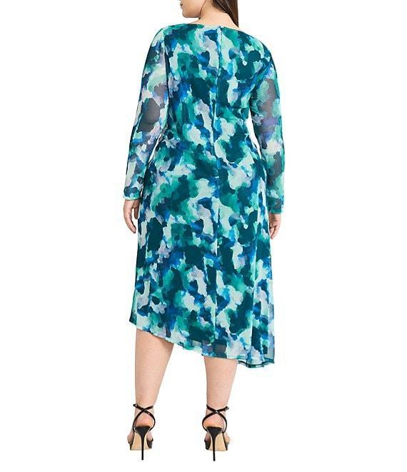Maggy London Plus Size Boat Neck Long Sleeve Asymmetric Hem Power Mesh Midi Sheath Dress Product Image