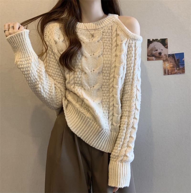 Cold-Shoulder Plain Cable-Knit Sweater Product Image