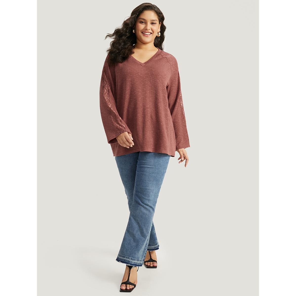 Plus Size Rib Knit Lace Panel Raglan Sleeve T-shirt DustyPink Women Elegant Texture Plain V-neck Dailywear T-shirts BloomChic 30/6X Product Image