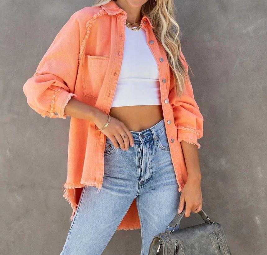 Plain Fringed Button-Up Denim Jacket Product Image