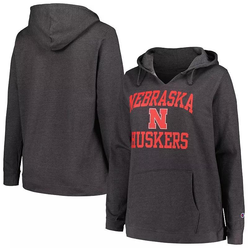 Women's Champion Heather Charcoal Nebraska Huskers Plus Size Heart & Soul Notch Neck Pullover, Size: 1XL Product Image
