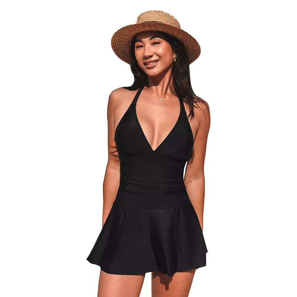 Women's Cupshe Black Halter Plunge Ruched Swim Dress, Size: Large Product Image
