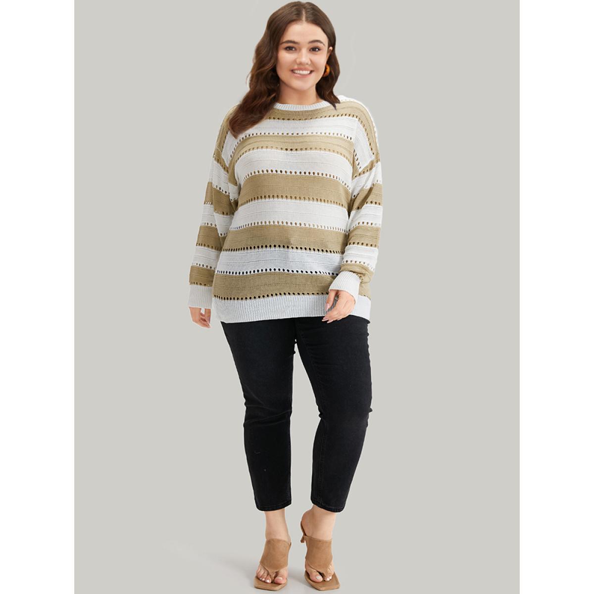 Plus Size Colorblock Contrast Drop Shoulder Elastic Cuffs Pullover Tan Women Casual Loose Long Sleeve Round Neck Everyday Pullovers BloomChic 14-16/1X Product Image