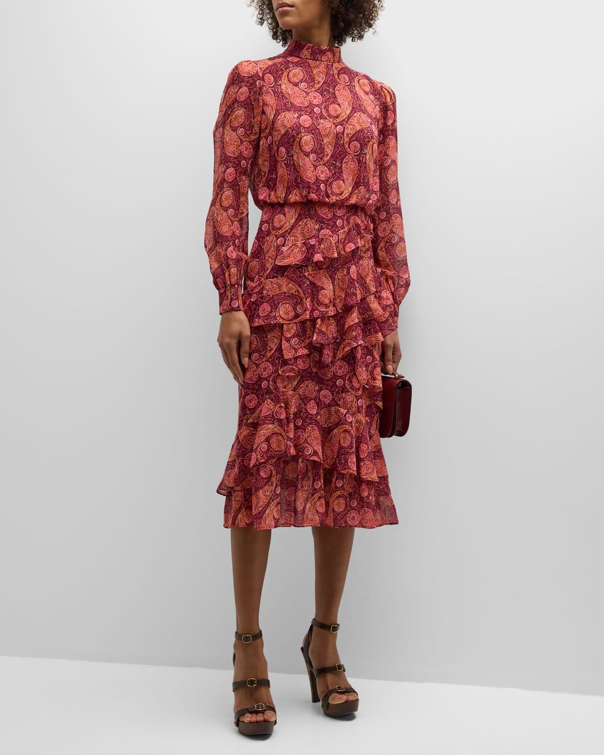 Womens Isa Ruffled Printed Silk Midi-Dress Product Image